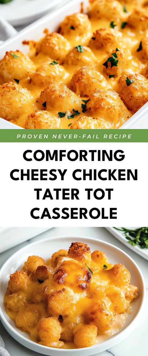 Image for Comforting Cheesy Chicken Tater Tot Casserole Fall Family Lunch Ideas, Easy Chicken Tater Tot Casserole, Easy Fall Casseroles, Sweet Potato Tots Casserole, Tatar Tot Hot Dish, Chili Bake Casserole, Lunch Casserole Recipes Healthy, Chicken Recipes For Dinner Casserole, Toddler Recipes Dinner