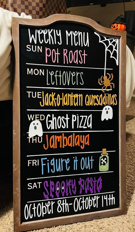 Dinner Menu Board, Halloween Chalkboard Art, Menu Board Diy, Weekly Menu Boards, Board Themes, Menu Board Design, Halloween Chalkboard, Chalkboard Calendar, Dry Erase Board Calendar