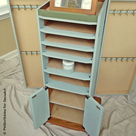 Upcycled Jewelry Armoire, Jewelry Armoire Makeover Diy, Jewelry Armoire Makeover, Painted Jewelry Armoire, Vintage Furniture Makeover, Armoire Makeover, Redo Cabinets, Standing Jewelry Armoire, Painted Jewelry Boxes