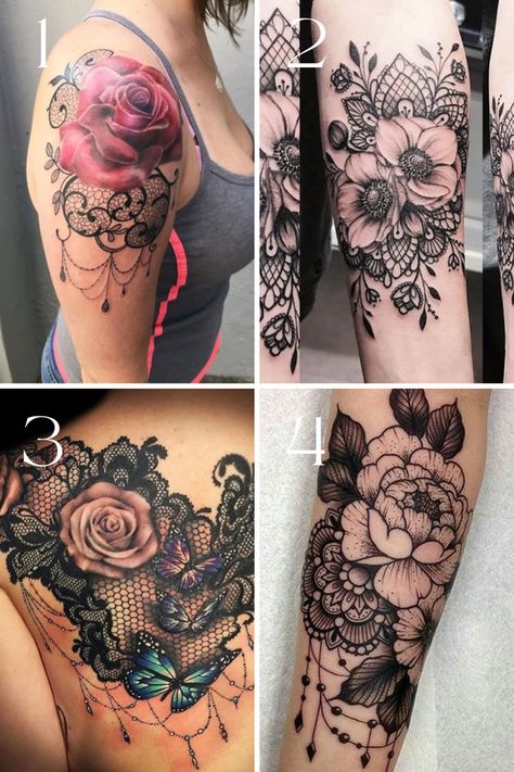 Delicate Flower and Lace Tattoo Designs + Ideas - TattooGlee Floral And Lace Tattoo, Lace Floral Tattoo, Lace And Flowers Tattoo, Best Tattoos For Cover Ups, Womans Shoulder Tattoo, Lace Tattoo Sleeves, Flower Lace Tattoo, Lace Tattoos For Women Sleeve, Flower And Lace Tattoo