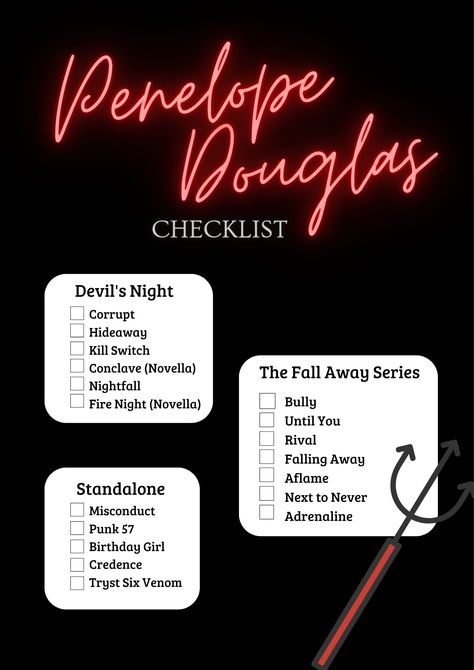 Penelope Douglas checklist book list Penelope Douglas Books List, Credence Spicy Pages, Birthday Girl Book Aesthetic, Penelope Douglas Nightfall, Bully Book Penelope Douglas, Corrupt Spicy Chapters, Booktok Checklist Romance, Corrupt Penelope Douglas Book, Fire Night Penelope Douglas