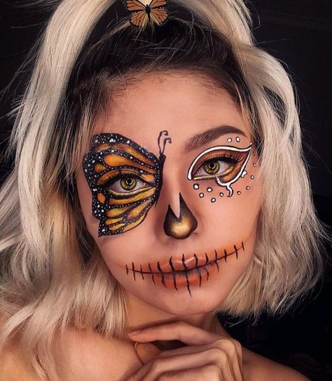 Butterfly Makeup Halloween, Makeup Karakter, Vibrant Makeup, Candy Makeup, Butterfly Makeup, Halloween Makeup Pretty, Makeup Face Charts, Face Paint Makeup, Sugar Skull Makeup