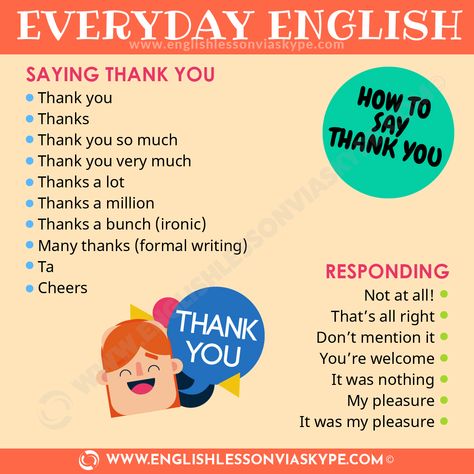 How to say Thank you in English. Different ways of saying thank you in English. Everyday English expressions. #learnenglish #englishlessons #englishteacher #vocabulary #hoctienganh #ingles #อังกฤษ #английский #英语 #영어 English Everyday, How To Say Hello, English Expressions, Ways To Say Hello, Sms Language, Everyday English, Other Ways To Say, Learning English For Kids, Phonics Lessons