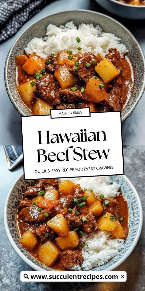 Enjoy the tropical flavors of Hawaii with this hearty beef stew, slow-cooked to perfection with tender beef, carrots, and potatoes in a rich, savory broth. Hawaiian Beef Recipes, Beef And Sweet Potato Recipes, Hawaiian Beef Stew Recipe, Beef Carrots And Potatoes, Beef And Sweet Potato Stew, Hawaiian Beef, Sweet Potato Beef Stew, Beef And Sweet Potato, Hearty Beef Stew