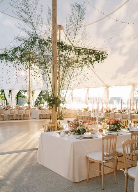 Backyard Wedding Reception Tent Long Tables, Wedding On Water Ideas, Waterfront Tent Wedding, Tent Wedding Table Layout, Italian Tent Wedding, Lake Ceremony Wedding, Waterfront Wedding Decor, Waterfront Wedding Reception, Classy Tent Wedding