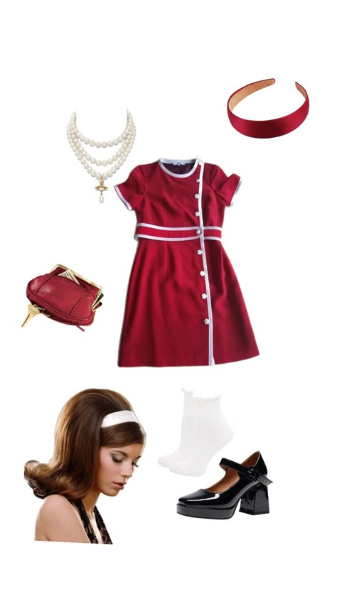 60s outfit#60s #dress #red #cute #outfit #60saesthetic 60s Fancy Dress Ideas, 60s Hoco Dress, Red 60s Aesthetic, 60s Diner Outfit, Aesthetic 60s Outfit, 60s Girl Outfits, 60s School Outfits, Casual 60s Outfits, Easy 60s Outfit