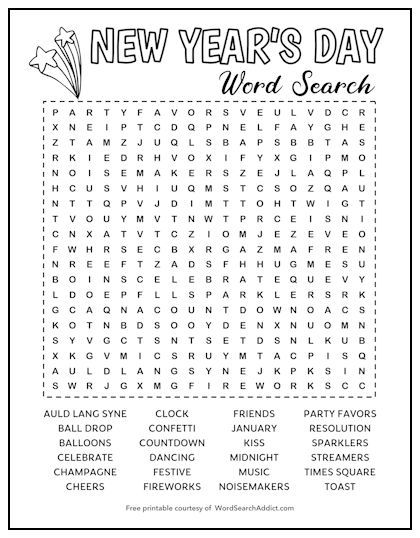 Our New Year’s Day word search puzzle features 24 words and terms related to this popular holiday, including noisemakers, fireworks, January, festive, and more. Great for both kids and adults. Download this FREE printable for you or your students today! New Year’s Eve Printables For Kids, New Years Word Search Free Printable, New Year Word Search, New Years Eve Printables, January Word Search, New Years Word Search, New Years Printables, Word Search For Adults, New Year's Eve Party Themes