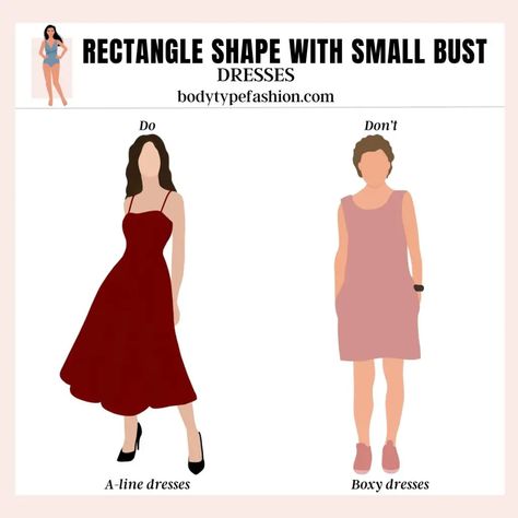 Avoid boxy dresses Outfit Ideas For Square Body Shape, Square Body Shape, Rectangle Body Shape Fashion, Dress Styles Chart, Body Type Clothes, Rectangle Body Shape Outfits, Pear Shape Fashion, Dress Body Type, Curvy Casual Outfits