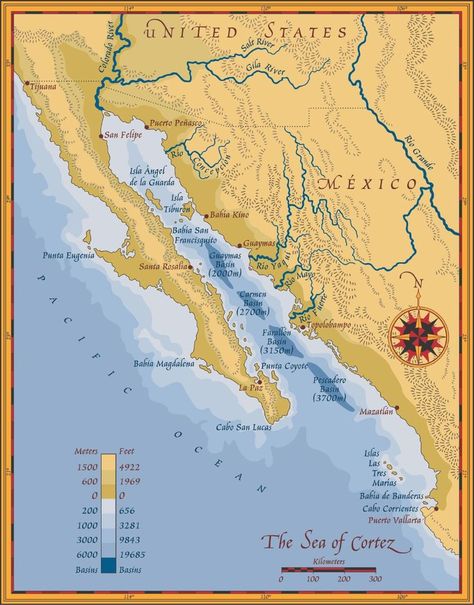 Map of the Sea of Cortez showing Baja California and the Sonoran coast plus the major deeper water basins Puerto Peñasco, Sea Of Cortez, Mexico Map, Mexico Beach, Sailing Trips, Sailing Adventures, California Map, Sonoran Desert, Cancun Mexico