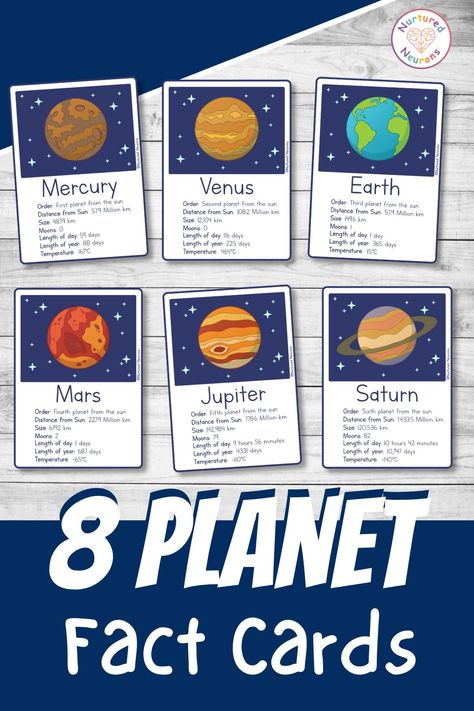 This colorful set of printable planet flashcards are a great way to help your little ones learn about our solar system! These space fact cards are a great resource for children to learn about the planets. So why not blast over to Nurtured Neurons, grab this lovely set of cards! #space #flashcards #preschoolscience #kindergartenscience #planets #planetflashcards #printableflashcards #earlyscience #prek #kindergarten Space Flashcards, Solar System Information, Space Learning, Solar System Facts, Planets Activities, Solar System Activities, Planet Crafts, Planet Project, Solar System For Kids