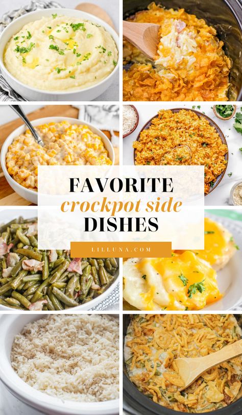 These set-it-and-forget-it crockpot side dishes won't heat the kitchen and can be made the morning of for a less stressful evening. #crockpot #slowcooker #crockpotsidedishes #sidedishes Easy Thanksgiving Crockpot Sides, Slowcooker Thanksgiving Recipes, Crockpot Sides For Potluck, Croc Pot Thanksgiving Sides, Hanukkah Side Dishes, Crock Pot Sides For Thanksgiving, Thanksgiving Sides In Crockpot, Fall Side Dishes For A Crowd Crockpot, Crockpot Side Dishes For Christmas