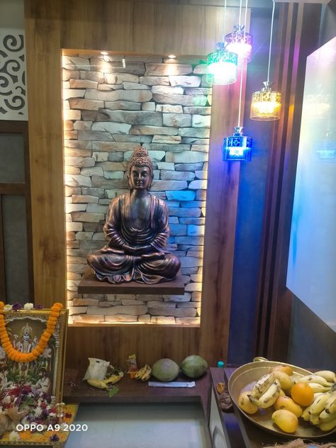 Buddha Decor Ideas, Buddha Wall Decor Interior Design, Buddha Living Room, Buddha Wall Painting, Foyer Room, Buddha Wall Decor, Simple False Ceiling Design, Buddha Home Decor, Window Seat Design