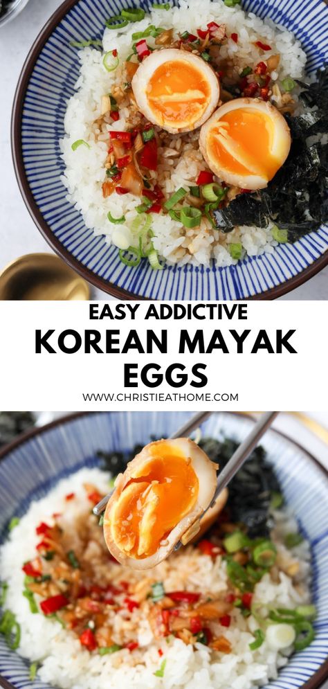 Korean Mayak Eggs (Drug Eggs). Soft-boiled eggs with a jammy yolk in a soy-based marinade with addictive flavors! These delicious eggs are savory, sweet, spicy with nutty sesame flavor and umami taste. Asian Egg Recipe, Mayak Eggs, Boiled Egg Recipes, Egg Lunch, Korean Recipes, Savoury Recipes, Korean Dishes, Food Recepie, Super Yummy