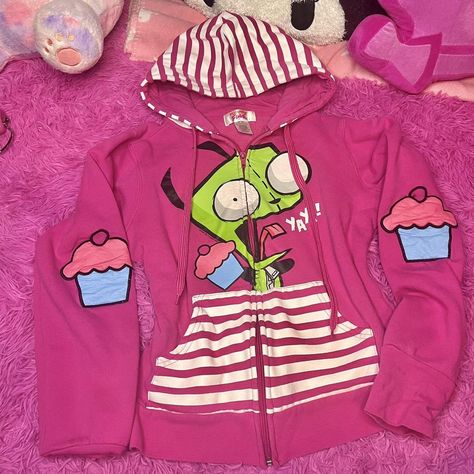 Scenecore Invader Zim Gir Mighty Fine 2010 pink... - Depop Gir Hoodie Invader Zim, Scenemo Clothes, Zim Invader Zim, Scene Kid Aesthetic, Chris Core, Scene Sweater, Scene Clothes, Pastel Scene, Invader Zim Gir