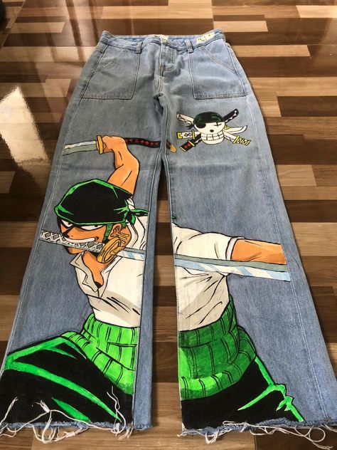 Zoro Inspired Outfits, One Piece Clothes Anime, Zoro Outfits, Custom Painted Clothes, Anime Pants, Custom Pants, One Piece Zoro, Diy Pants, رورونوا زورو