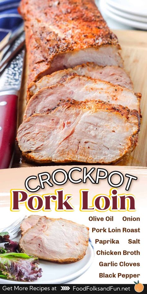 This pork loin crockpot recipe delivers juicy and tender pork with minimum prep time. This foolproof recipe creates a comforting, crowd-pleasing dinner. via @foodfolksandfun Pork Loin And Rice Crock Pot Recipes, Easy Crockpot Pork Loin Recipes, Pork Loin Crock Pot Recipes Easy, Smithfield Pork Loin Crock Pot, Porkloin Crockpot Recipes, Pork Loin Recipes Crockpot, Pork Loin In Crockpot, Pork Loin Crockpot, Pork Loin Slow Cooker