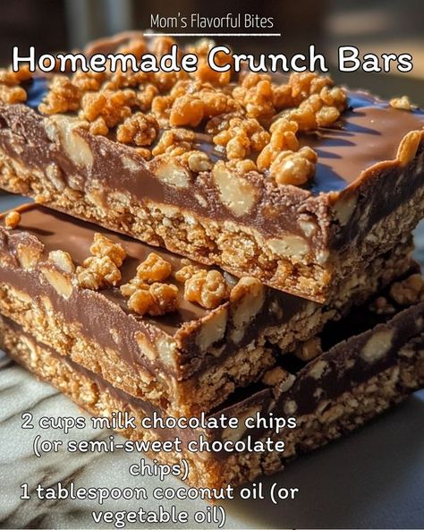 Mom's Flavorful Bites Homemade Crunch Bars, Crunch Bars, Crunch Bar, Semi Sweet Chocolate Chips, Milk Chocolate Chips, Semisweet Chocolate, Candy Recipes, Cookie Bars, Milk Chocolate