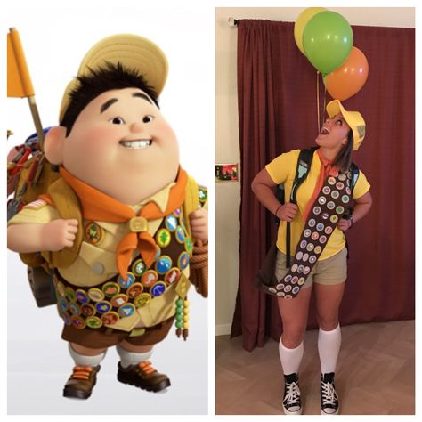 Halloween Costume Russell From Up, Russell From Up Costume Women, Russel Halloween Costume Girl, Pixar Movie Costumes, Russel Up Halloween Costume, Russel And Carl Couple Costume, Diy Russell From Up Costume, Up Outfit Disney, Russell Up Costume Women