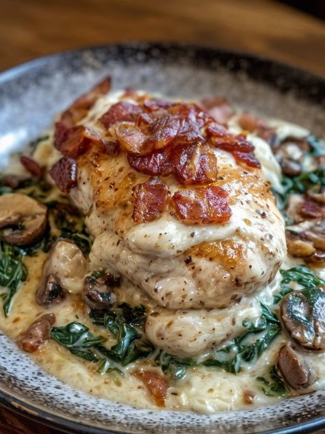 Indulge in this comforting Smothered Chicken with Creamed Spinach, Bacon & Mushrooms—a sure crowd-pleaser! 🍽️ #ComfortFood #ChickenRecipe #EasyDinners #FamilyMeals #OnePanRecipe Smothered Chicken With Creamed Spinach, Chicken With Creamed Spinach, Smothered Chicken, 30 Minute Dinners, Bacon Stuffed Mushrooms, Honey Garlic Sauce, Pizza Burgers, Baked Mac N Cheese, Beef Chili