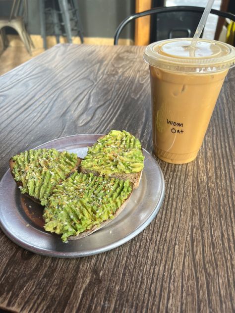 Avocado toast and coffee 🥑☕️ Coffee And Avocado Toast, Aesthetic Avocado Toast, Avocado Toast Aesthetic, Coffee Shop Breakfast, Sofia Core, Yummy Sandwiches, Board Aesthetic, Avocado Breakfast, Iced Latte