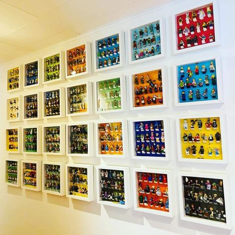 Lego Boy Bedroom, Lego Mini Figure Display, Adult Lego Room, Lego Store Ideas, Lego Figure Display, Lego Display Shelf, Mini Figure Display, Lego Display Ideas, Lego Storage Organization