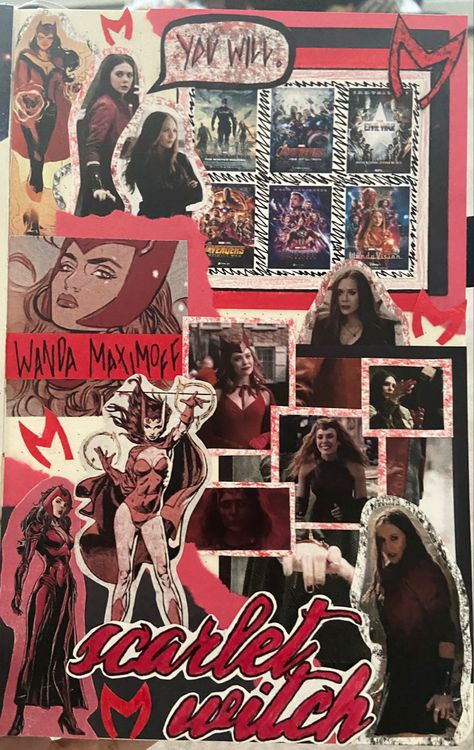 #journal #journaling #art #scrapbooking #creative #inspiration #marvel #wandamaximoff Marvel Journal Page, Marvel Scrapbook, Marvel Journal, Scrapbook Cover, Books For Moms, Visual Journal, Journal Aesthetic, Journal Scrapbook, Wanda Maximoff