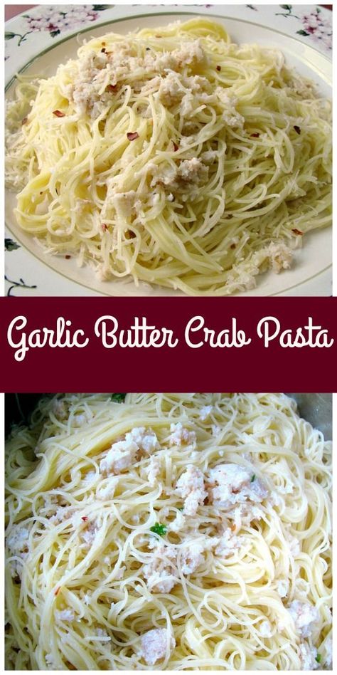 Sauteed garlic in butter tossed with flaked canned crab and mixed with angel hair pasta is perfect for dinner. It only takes a few minutes to make and is fancy enough for a special occasion. #crab #pasta #dinnerrecipes #garlic Garlic Butter Crab Pasta, Angel Hair Pasta With Crab Meat, Canned Crab Meat Recipes Pasta, Canned Crab Recipes Dinners, Crabmeat Pasta Recipes, Crab Recipes Pasta, Crab Flake Recipes, Crab And Pasta Recipes, Canned Crab Meat Recipes Easy