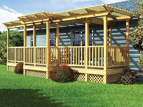 047X-0017: Deck Plan with Trellis & Porch Swing Porch Plans, Porch Addition, Woodworking Store, Building A Porch, Project Plan, Mobile Home Porch, Wood Pergola, Porch Deck, Backyard Pergola