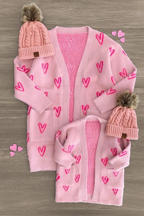 Mom & Me - Pink Heart Cardigan | Sparkle In Pink Matching Mommy Daughter Outfits, Mom Daughter Outfits, Mommy Daughter Outfits, Sparkle In Pink, Heart Cardigan, Long Sleeve Design, Mommy Daughter, Mommy And Me Outfits, Pink Design