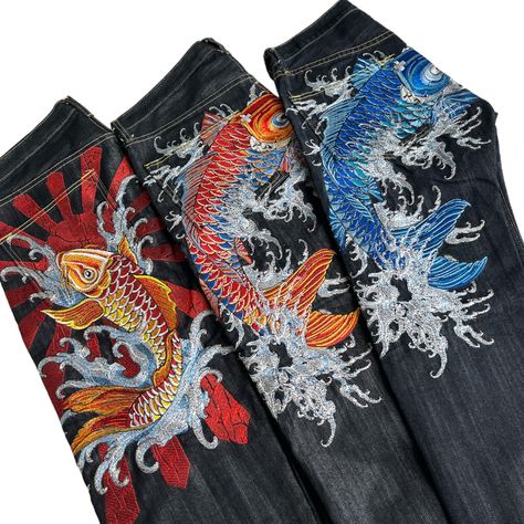 Sugoi Jeans, Art Jeans Paintings, Karakuri Jeans, Dragon Pants, Koi Fish Embroidery Jeans, Dragon Jeans, Samurai Jeans, Dragon Embroidery Jeans, Chinese Dragon Jeans