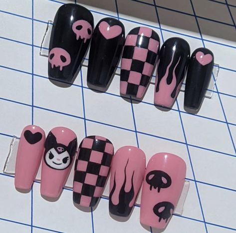 Paznokcie Hello Kitty, Hello Kitty Nails Art, Ideas Uñas, Witchy Nails, Fake Nails Designs, Hello Nails, Punk Nails, Gothic Nails, Anime Nails