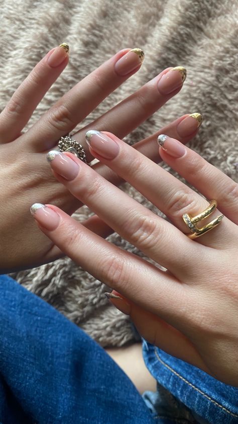 Gold And Silver French Nails, Gold And Silver French Tip Nails, Gold And Silver Nails, Silver French Tip Nails, Mismatched Nails, Gold French Tip, Chrome Designs, Cow Prints, French Tip Manicure