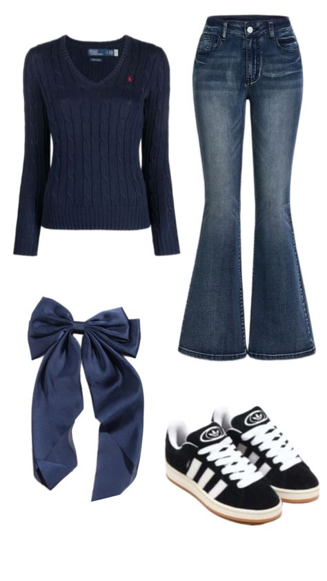 Blue themed outfit, long sleeve, flared jeans, bow, and shoes. Bow Jeans, Girl Heaven, Blue Flare Jeans, Themed Outfits, Flared Jeans, Jean Outfits, Flare Jeans, Outfit Inspo, Long Sleeve