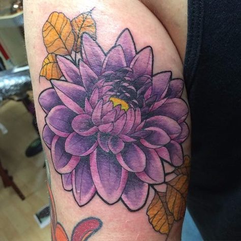 Deep purple dahlia tattoo by Billy Darr. #dahlia #flower #neotraditional #BillyDarr #botanical #floral #dahliaflower Dahlia Flower Tattoo, Delilah Flower, Dahlia Flower Tattoos, Dahlia Tattoo, Water Lily Tattoos, Purple Tattoos, Flower Tattoo Meanings, Purple Dahlia, Flower Symbol