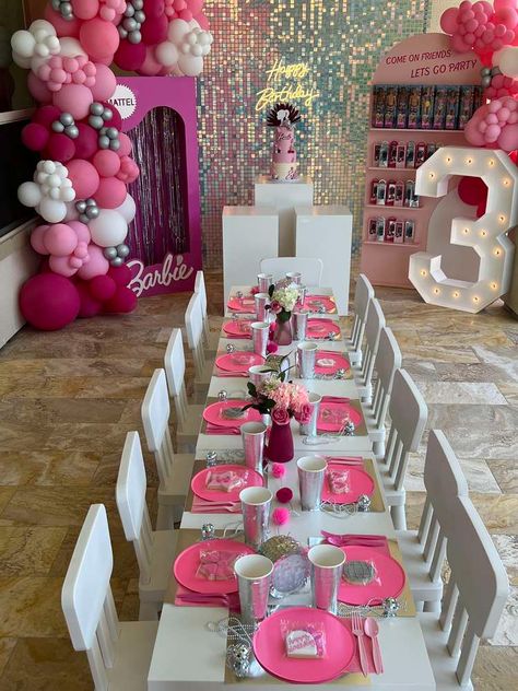 Barbie Party Table Setting, Kids Table For Birthday Party, 2nd Birthday Barbie Theme, Barbie Food Table, Barbie Set Up, Barbie 1st Birthday Party, Barbie Party Table Set Up, Barbie Tea Party Birthday, Kids Birthday Party Table Set Up