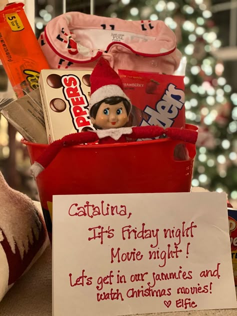 Elf Slumber Party Ideas, Elf On The Shelf Ideas Good Deeds, Elf On The Shelf Candy Bar Ideas, Elf On The Shelf Brings Presents, Elf On Shelf Movie Night Ideas, First Day Elf On The Shelf Ideas Kids, Elf Return Ideas For Older Kids, Ornery Elf On The Shelf Ideas, Elf On The Shelf With Raindeer Ideas