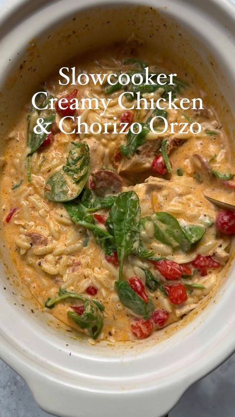 Slowcooker Creamy Chicken & Chorizo Orzo 🍅 Creamy Orzo with Chicken, Sun-dried tomato & chorizo, kind of a crossover between pasta and a risotto vibe. A summer twist on one of my absolute favourite slowcooker pasta recipes. My other version of this recipe has been watched over 100M times so you know this is good. Ingredients - 3 x chicken breasts - 2 tbsp red pesto - 100g cooked chorizo - Handful of Sundried tomatoes 🍅 - 1 tbsp basil or mixed herbs - 4 garlic cloves - 100ml of chicken stock + Chicken Pesto Sundried Tomatoes, Slowcooker Pasta, Orzo With Chicken, Chicken And Chorizo Pasta, Creamy Orzo, Slow Cooker Creamy Chicken, How To Cook Chorizo, Chicken Chorizo, Red Pesto