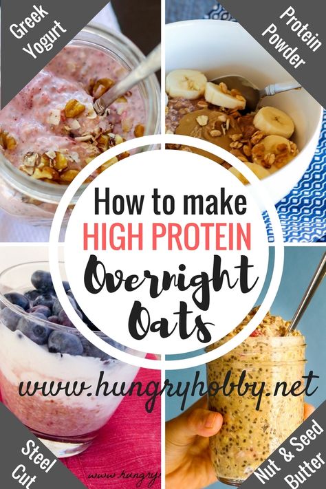 Oats soaked overnight so they are ready in the morning, here are 4 protein packed ways to make overnight oats for a quick and filling breakfast! Oats Low Calorie, Overnight Oats Low Calorie, Protein Packed Overnight Oats, Low Calorie High Protein, Protein Overnight Oats, Overnight Breakfast, Overnight Oats Recipe Healthy, Instant Oats, Healthy Swaps