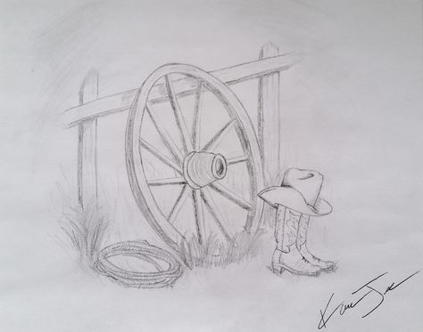 Country Scene, pencil drawing. Artist: Kara Jenne (myself) Country Sketches Easy, Western Scene Drawing, Western Sketches Pencil, Rodeo Paintings Easy, Western Drawings Simple Easy, Western Things To Draw, Saddle Tattoo, Western Drawings Easy, Country Drawings Easy