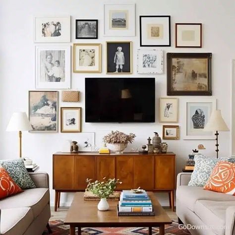 This living room features a focal TV flanked by a curated gallery wall of artworks or photographs, and complemented by a timeless walnut sideboard and strategically placed floor lamps. Tv And Console Table, Walnut Sideboard, Tv Wall Decor, Salon Style, Design Challenge, Tv Wall, Console Table, Gallery Wall, Wall Decor