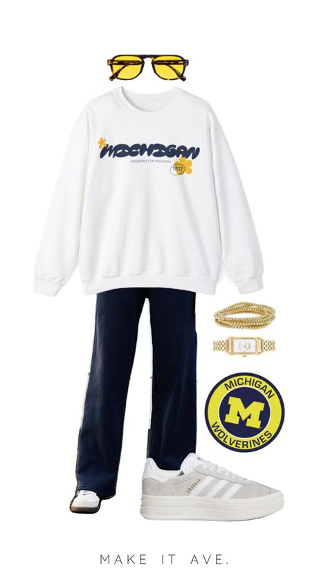 u of m Michigan sweatshirt outfit inspiration for football game game day. this Michigan crewneck and other Michigan merch like baby tees, hoodies, sweatshirts, and t shirts can be found through the link in our bio. Michigan Sweatshirt, Michigan M, U Of M, Baby Tees, Sweatshirt Outfit, University Of Michigan, Gameday Outfit, Football Game, Gaming Clothes