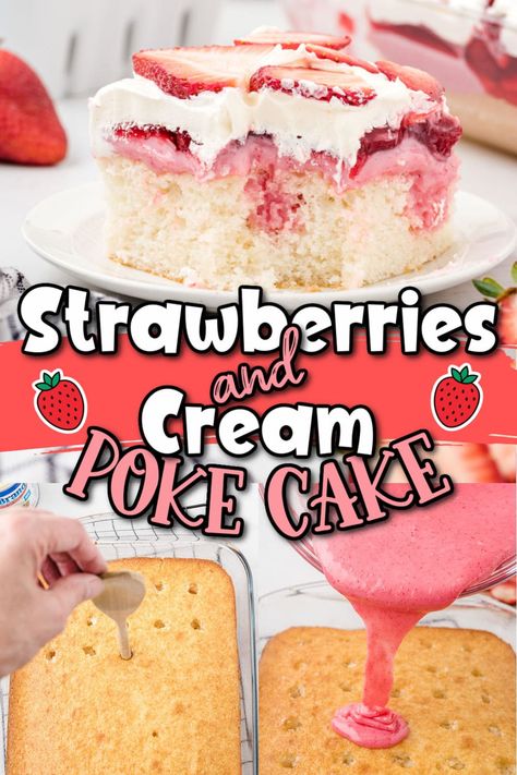 Our Strawberry Poke Cake (Strawberries and Cream) is an incredibly light and super refreshing dessert. It's a moist vanilla cake that’s oozing with delicious white chocolate and strawberry filling in every bite. Topped off with creamy whipped topping and fresh strawberries for the perfect fruity summer dessert. Strawberry Pudding Poke Cake, Poke Cake Recipes Vanilla Pudding, Strawberry Shortcake Poke Cake Easy, White Chocolate Strawberry Dessert, Strawberry And Vanilla Cake, Strawberries And Cream Dessert, Easter Poke Cake Recipes, Strawberry Poke Cake, Strawberry Poke Cakes