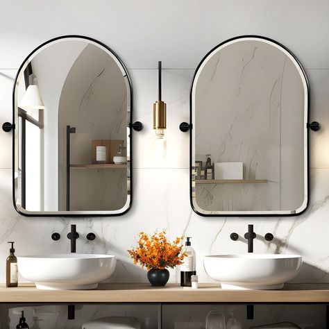 Dovelina Modern Arched Metal Framed Mirror Pivot Wall Mounted Mirror Bathroom Vanity Mirror Set Of 2 - 32"x23", Black : Target Gold Bathroom Mirror Black Faucet, Bathroom With 2 Mirrors Master Bath, Frameless Bathroom Mirror Ideas, Arched Mirror In Bathroom, Gold Mirror Black Faucet, Unique Mirrors Bathroom, Oval Bathroom Mirrors, Master Bath Mirror Ideas, Mirror For Small Bathroom