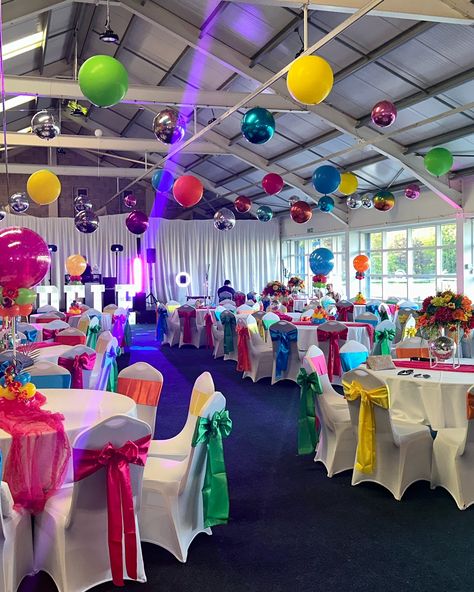 Suspended Balloon Ceiling ✨ Bespoke Balloon Stands✨ Centre Pieces - Disco Balls & Arrangements✨ Candles & Disco Balls✨ Chair Covers & Sashes by our @mandyspartys ✨ #suspendedceiling #suspendedballoonceiling #bespokeballoons #discoballs #candles #centrepieces #balloonsdecoration #balloons #roomdress #chaircovers #roomdressingliverpool #smallbusinessowner #smallbusinesssupport #liverpool Rainbow Quinceanera Theme, Quinceanera Theme, Balloon Ceiling, Ball Chair, Quinceanera Themes, Balloon Stands, Suspended Ceiling, Disco Balls, Pew Pew