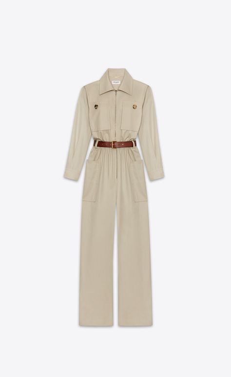 Discover BEIGE CLAIR jumpsuit in cotton twill from Saint Laurent online store. Fashion Show Videos, Water Fashion, Beige Jumpsuit, The Saint, Outerwear Coats, Square Scarf, Cotton Style, Leather Coat, Winter Women