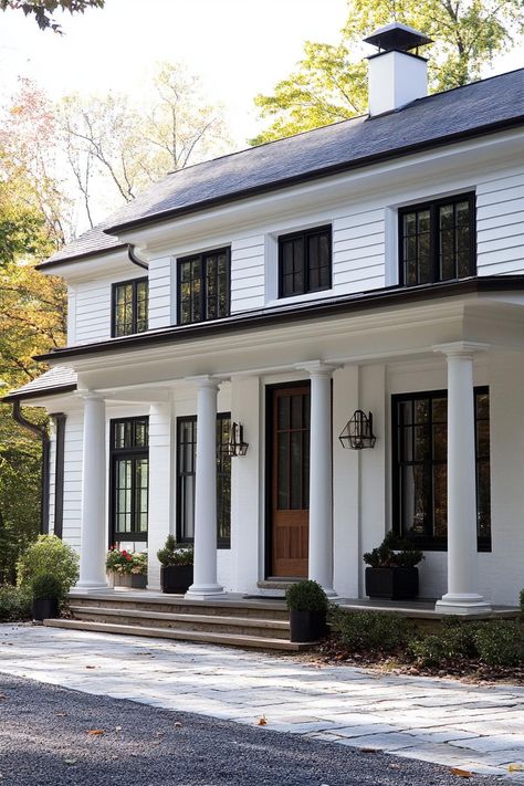 Modern colonial cottage. Get inspired by classic and charming colonial houses that blend historical elegance with modern convenience. Colonial House Porch Ideas, Cute Colonial Houses, Colonial House Exterior Porch Addition, Updating A Colonial Exterior, Modern French Colonial Homes, Center Entrance Colonial Exterior, White Colonial With Black Windows, Modern Farmhouse Colonial Exterior, Colonial To Farmhouse Exterior