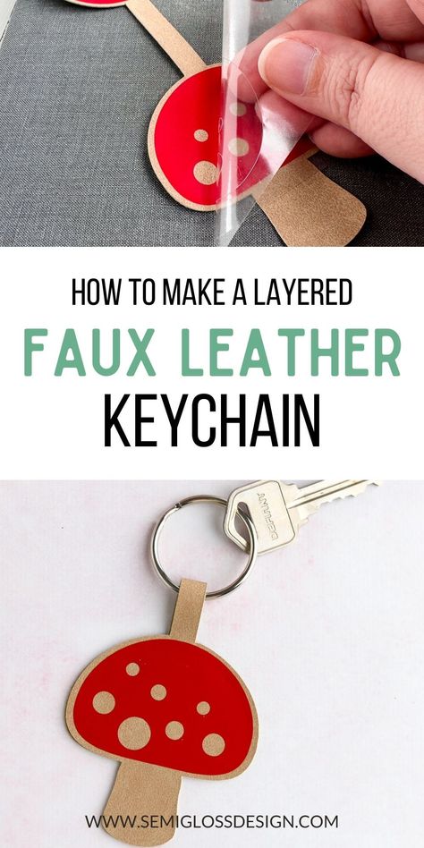 Use your Cricut to make a layered faux leather keychain with this easy tutorial. Download a free mushroom keychain SVG. Leather Crafts Cricut, Faux Leather Scrap Projects, Faux Leather Ideas Cricut, Faux Leather Keychain, Faux Leather Ideas, Leather Cricut, Faux Leather Cricut Projects, Cricut Faux Leather Projects, Cricut Leather Projects