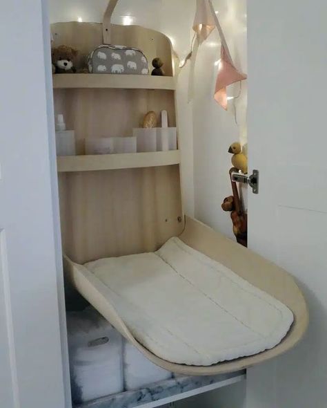 This is a cozy and charming nursery with a space-saving changing table hidden in a wardrobe. Image credit: INSTAGRAM @HEMARKITEKTUR Changing Table Ideas, Changing Tables, Baby Changing Table, Baby Changing, I Understand, Table Ideas, Baby Essentials, Changing Table, Small Spaces