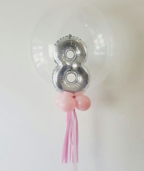 number 8 silver balloon in bubble balloon with pink latex and tassel Tulle Balloons, Balloon Bouquet Diy, Balloon Tassel, Jumbo Balloons, Girl Gender Reveal, Clear Balloons, Gender Reveal Balloons, Balloon Display, Round Balloons