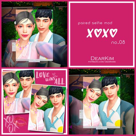 [PairedSelfie] X♡X♡ #08 | DearKim Sims 4 Photo Override, Sims 4 Selfie Poses Override, The Sims 4 Cc Patreon, Sims 4 Cc Patreon, Couple Selfie, Cc Patreon, Couple Selfies, Sims 4 Cc, 4 Photos